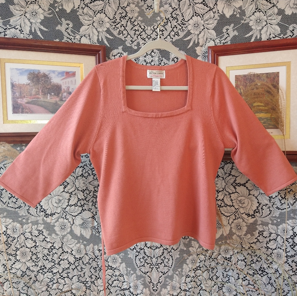 Victor Costa peach pink orange sweater top lightweight square neckline with belt